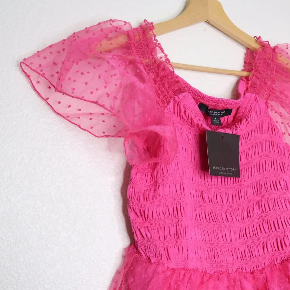 Marc New York Andrew Marc women's top small Smocked Mesh Flutter Sleeve pink nwt - Picture 4 of 8